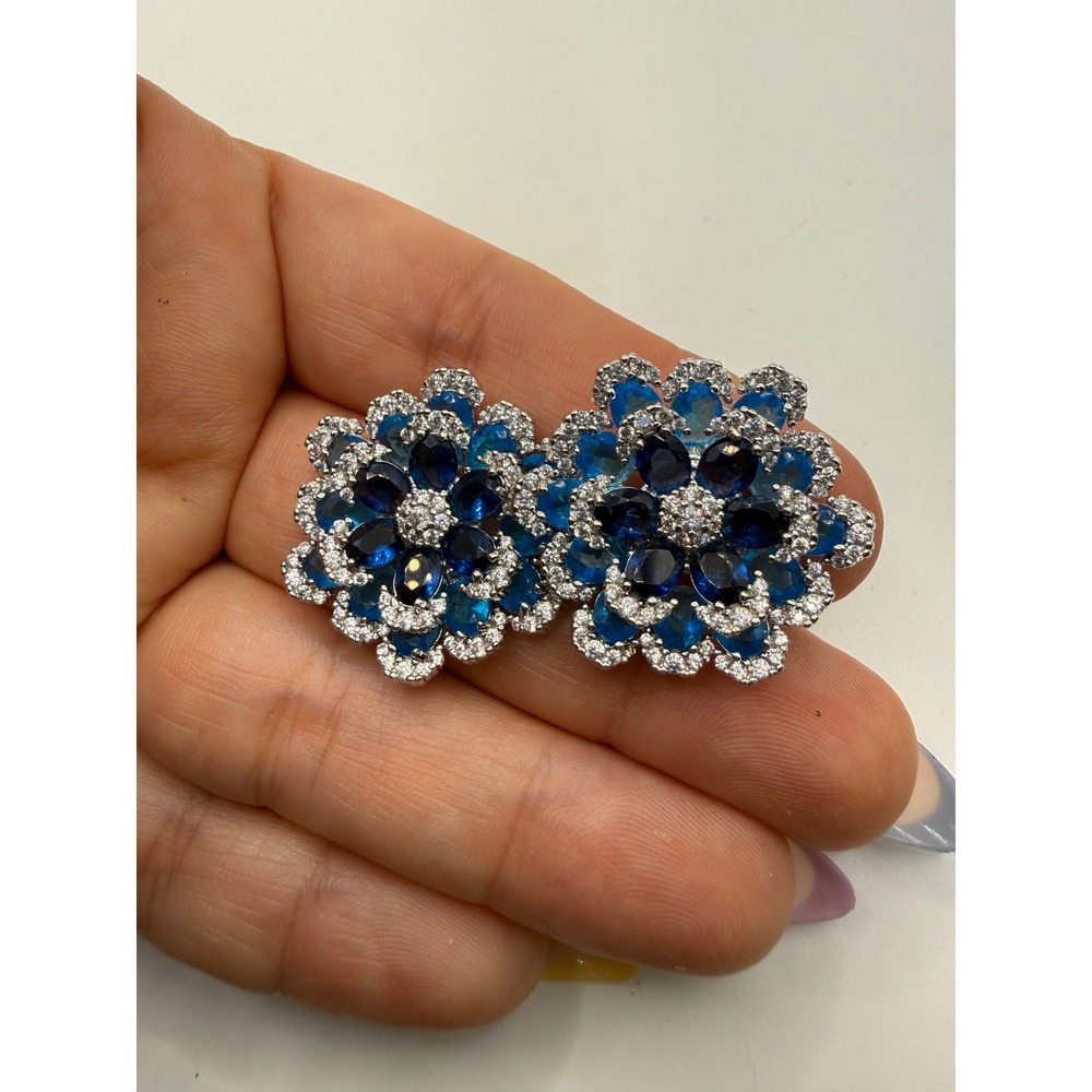 Blue Crystal Floral Cluster Stud Earrings Silver Tone Statement Flower Jewelry